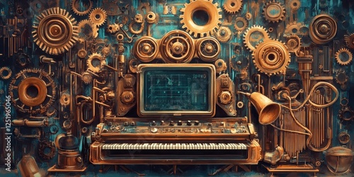 Steampunk musical instrument composition with gears and intricate details photo