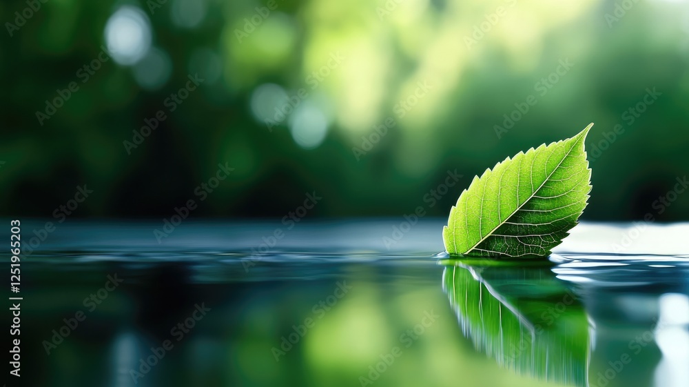 Single green leaf floating on calm water surface Single green leaf floating on calm water surface