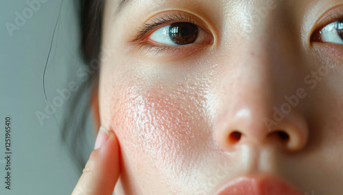 Asian face, Macro skin with enlarged pores. Allergic reaction, peeling, care for problem skin. 