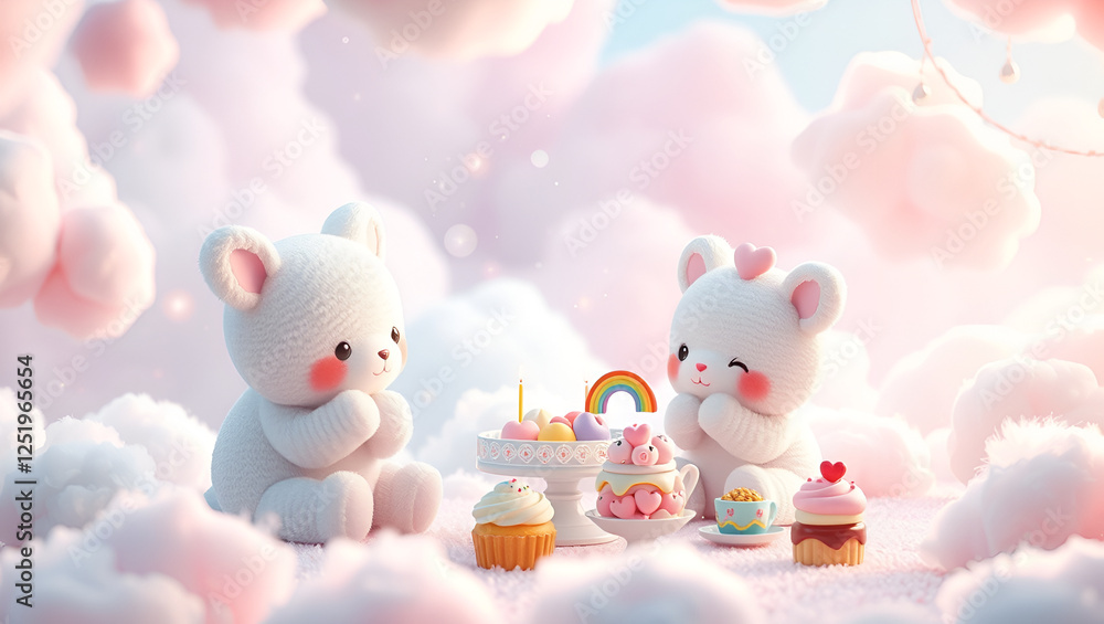Cute teddy bears enjoying dessert party with cupcakes and rainbow Cute teddy bears enjoying dessert party with cupcakes and rainbow