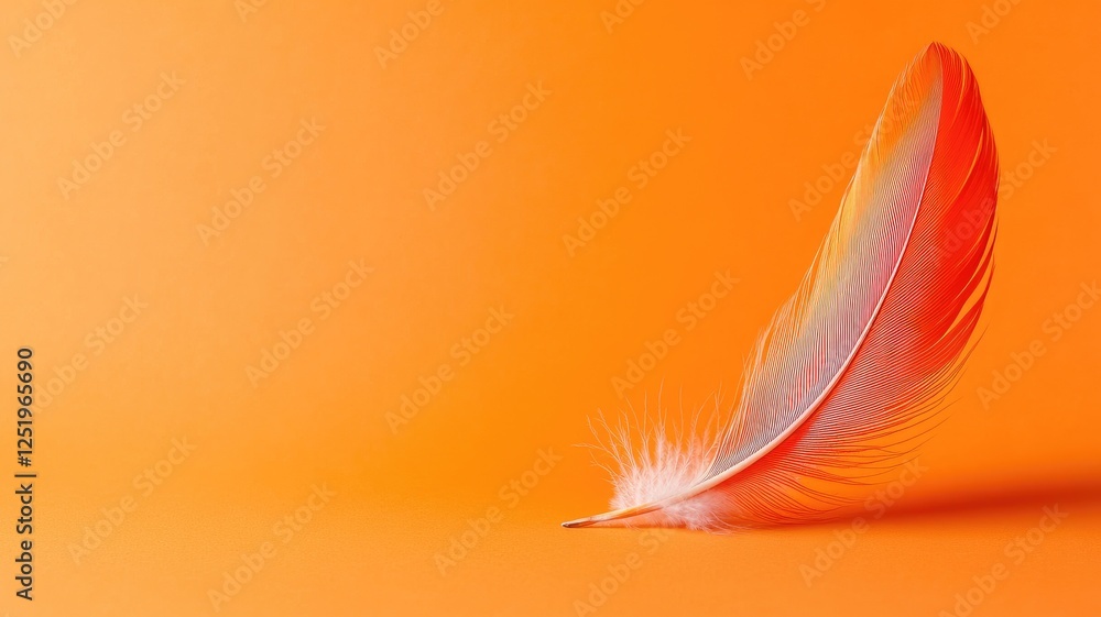 Naklejka premium Vibrant feather on bright orange background, symbolizing lightness