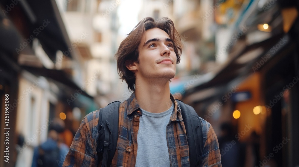 Fototapeta premium Young male tourist exploring city street and looking up with hope