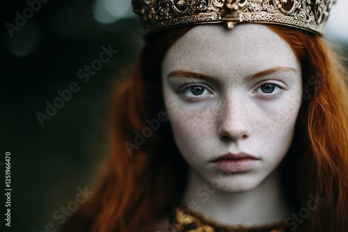 medieval queen close up, medieveal crown long ginger hair embroidered dress, moody, portrait photo