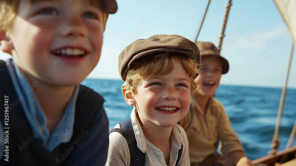 Family Enjoys a Day Sailing on a Vintage Wooden Boat, Embodying Nautical Charm and Seaside Relaxation