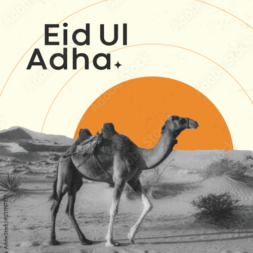 halftoon eid al adha mubarak a camel walking trendy collage design  . creative collage design trending 