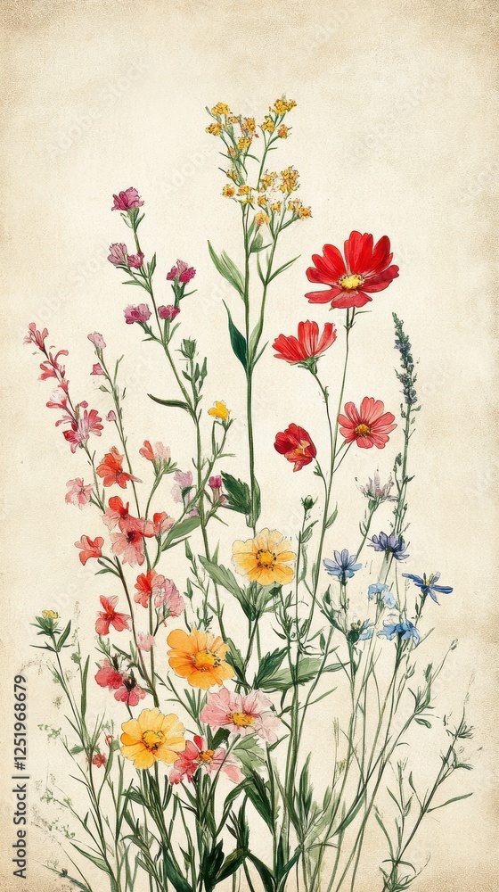 Obraz premium Watercolor illustration depicts colorful wildflowers against a light beige backdrop