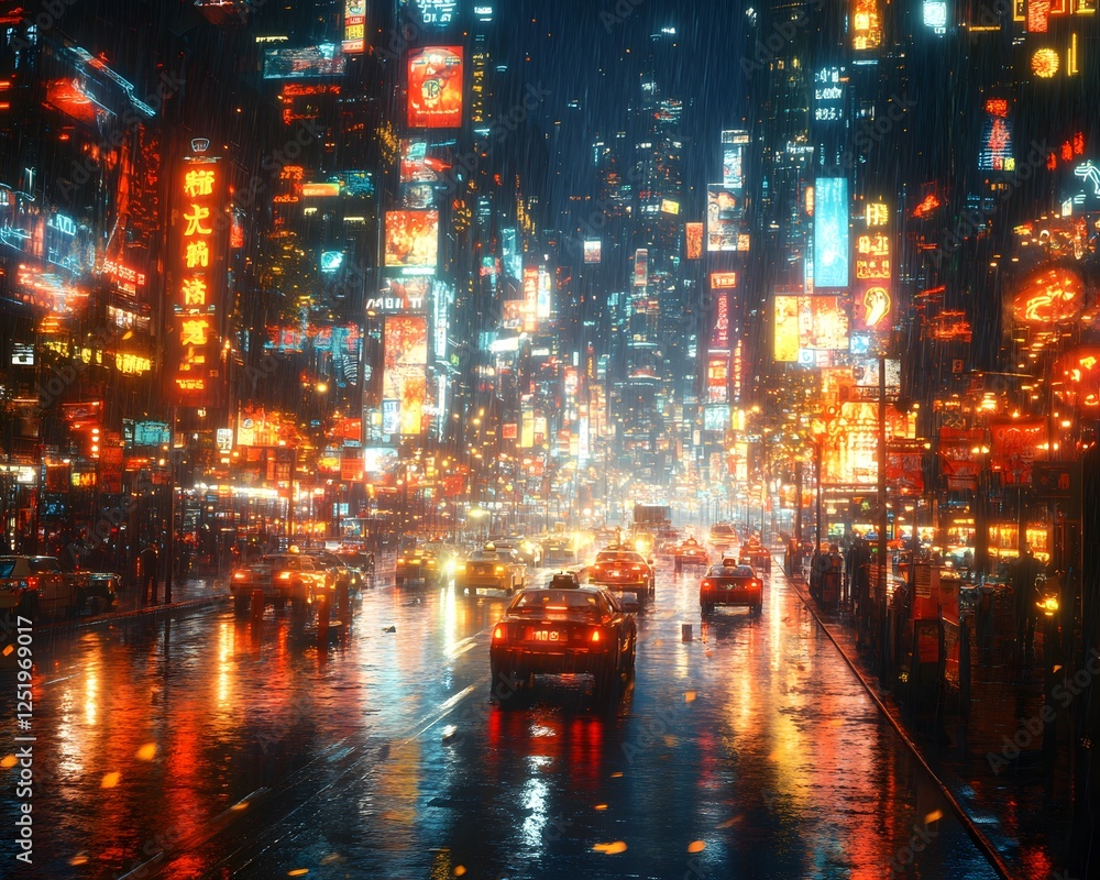 Fototapeta premium Futuristic city at night, glowing with neon and holograms, exuding high-tech energy. Ideal for ads, tech content, cyberpunk games, or articles on smart cities' future.
