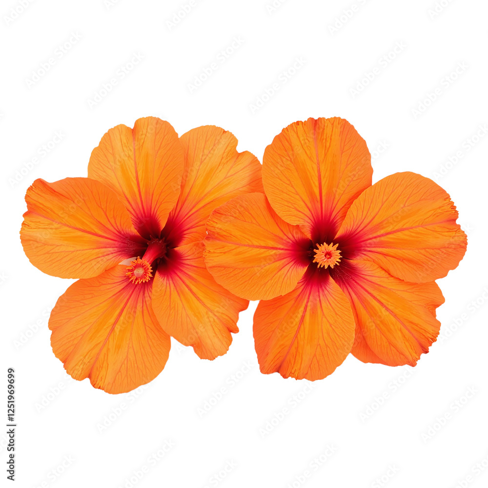 Two vibrant orange hibiscus flowers with red centers, close-up view against a cut out background. Two vibrant orange hibiscus flowers with red centers, close-up view against a cut out background.