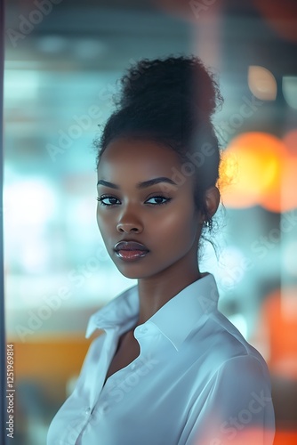 Self-confident African female business woman, looking at the camera, posing in a modern Office space. Professional Portrait for Recruiting, Manager and Management, Lawyer or Consultant concepts photo