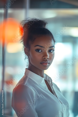 Self-confident African female business woman, looking at the camera, posing in a modern Office space. Professional Portrait for Recruiting, Manager and Management, Lawyer or Consultant concepts photo