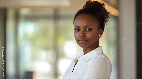 Self-confident African female business woman, looking at the camera, posing in a modern Office space. Professional Portrait for Recruiting, Manager and Management, Lawyer or Consultant concepts photo