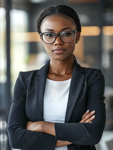 Self-confident African female business woman, looking at the camera, posing in a modern Office space. Professional Portrait for Recruiting, Manager and Management, Lawyer or Consultant concepts photo