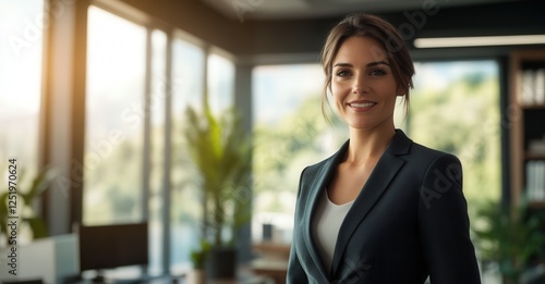 Free Download Professional woman smiling in an office, bathed in sunlight. Her confidence and competence shine through in her demeanor. - GFXLoad