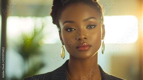 Self-confident African female business woman, looking at the camera, posing in a modern Office space. Professional Portrait for Recruiting, Manager and Management, Lawyer or Consultant concepts photo