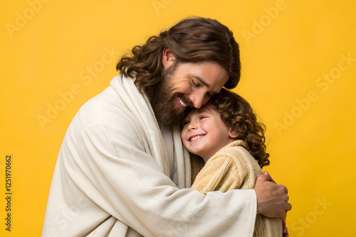 Religious Figure Hugging Child Against Warm Backgrounds with Yellow Lightings