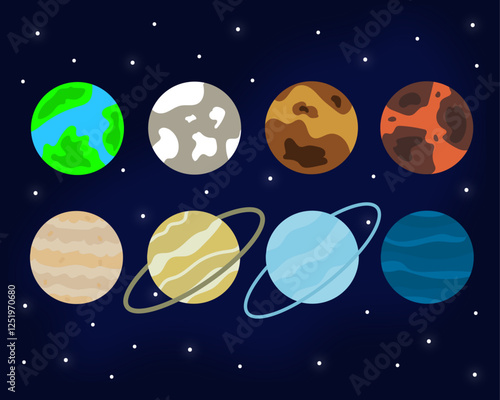 Simple set of solar system planets, vector cartoon set, space background. Earth, mercury, venus,mars, jupiter, saturn, uranus, neptune.
