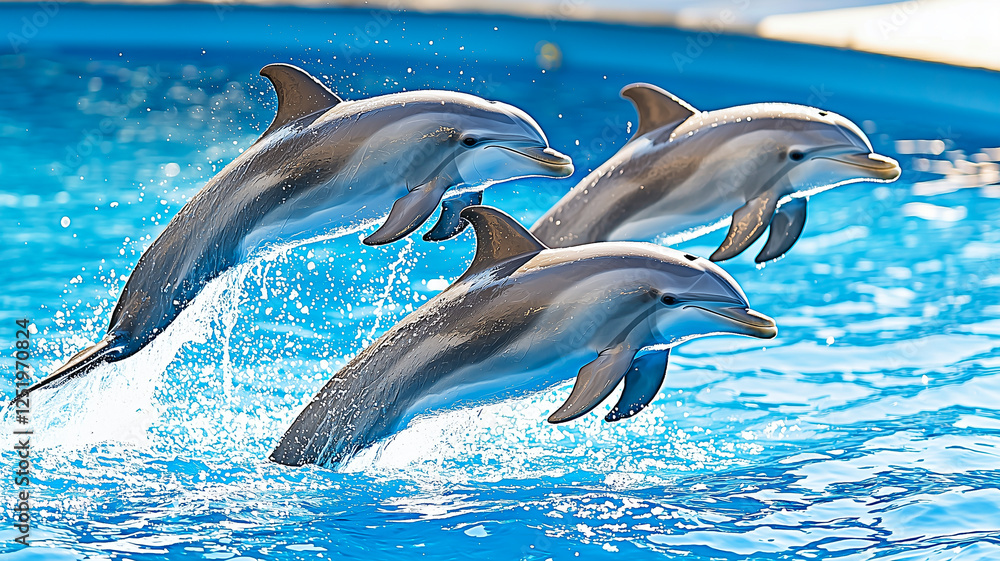 Group of Dolphins Display Playful Leaps and Synchronized Swimming in Clear Blue Water
