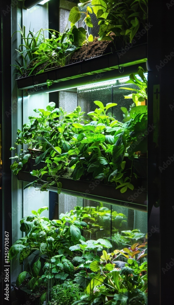 Vertical Garden Wall in Cafe with Modular Planters and Ambient Lighting Vertical Garden Wall in Cafe with Modular Planters and Ambient Lighting