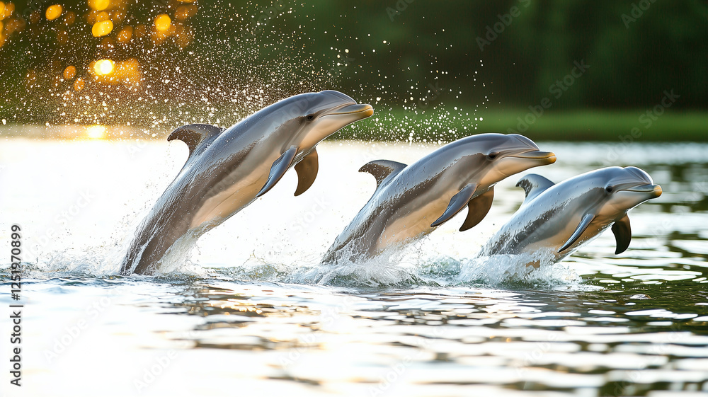 Dolphins Perform Graceful Leaps in Sunlight, Showcasing Their Playful Nature and Synchronized Swimming Skills