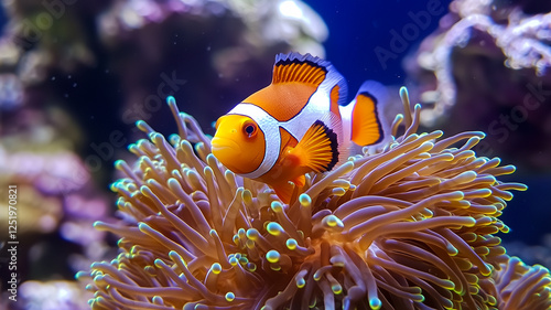 Obraz na płótnie Bright Orange-And-White Clownfish Thrives Among the Delicate Tentacles of a Vibrant Sea Anemone in a Colorful Underwater Habitat w salonie