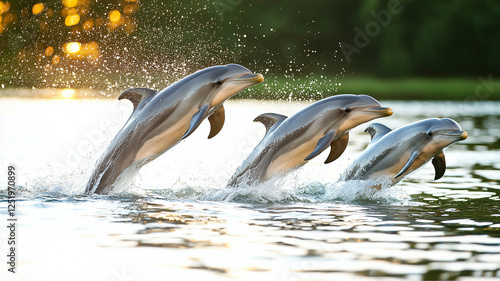Obraz na płótnie Dolphins Perform Graceful Leaps in Sunlight, Showcasing Their Playful Nature and Synchronized Swimming Skills w salonie