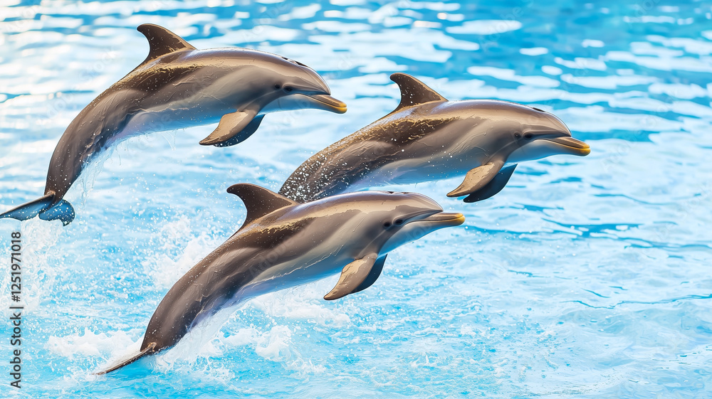 Dolphins Leaping and Swimming in Perfect Harmony Under the Bright Sunlight in Crystal Clear Water