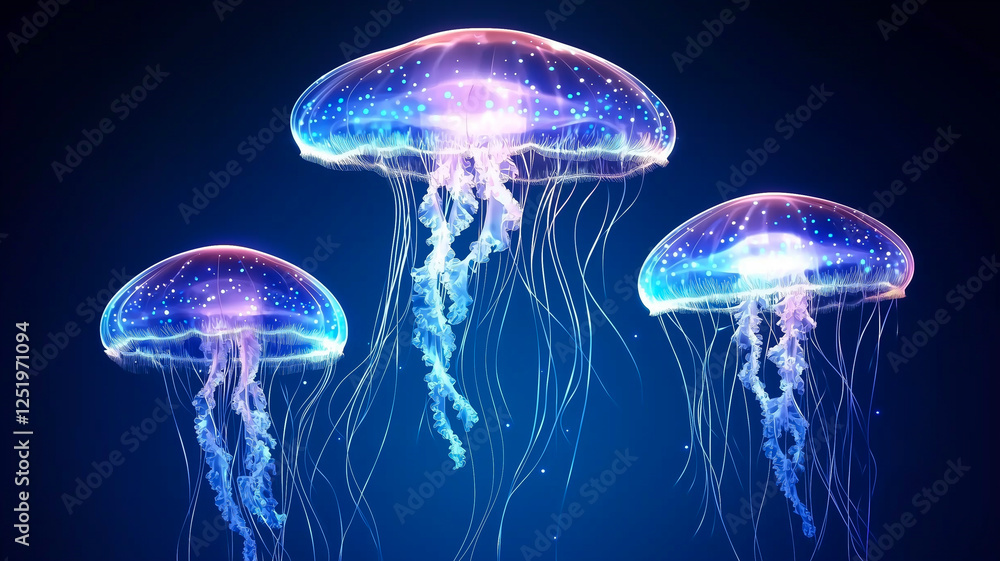 Translucent Jellyfish Illuminate the Deep Ocean With Stunning Bioluminescent Hues of Blue and Purple in a Mesmerizing Display