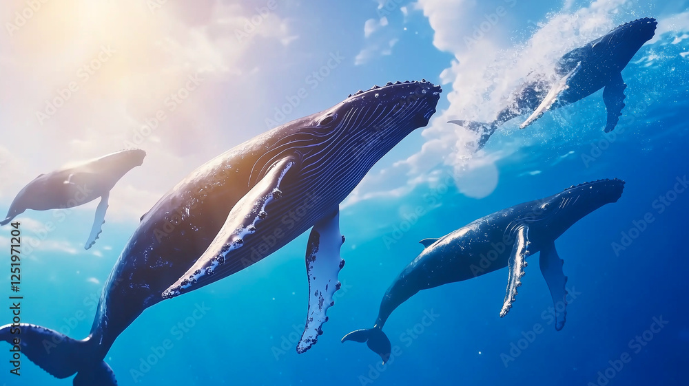 Humpback Whales Swim Gracefully in Formation in the Open Ocean With One Breaching the Surface