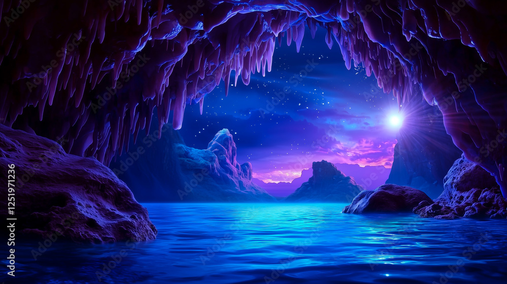 Diver Explores the Dark Entrance of an Underwater Cave Illuminated by a Flashlight Revealing Majestic Stalactites