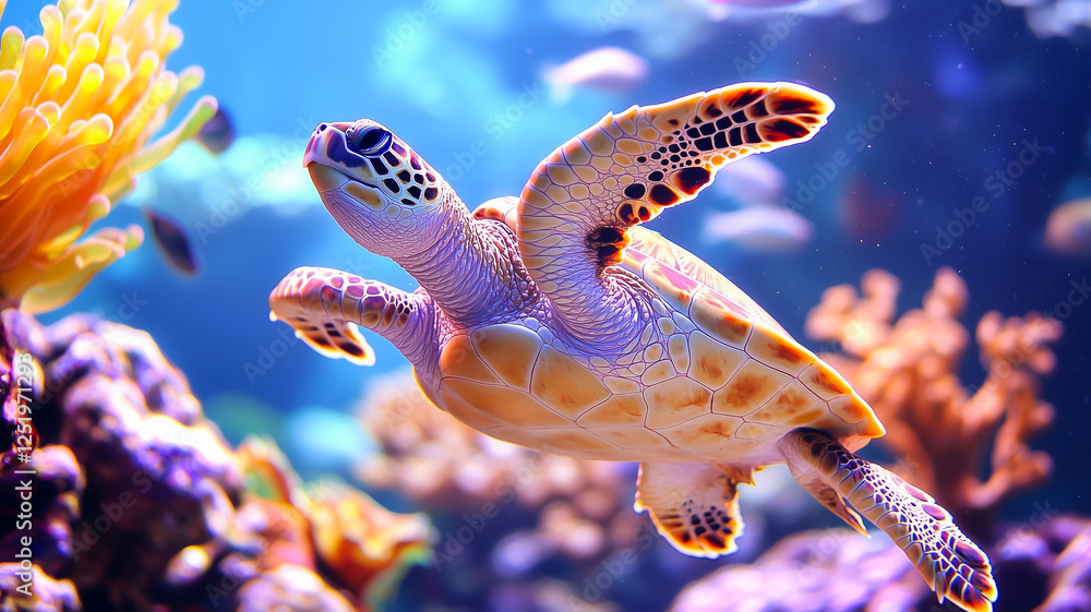 Green Sea Turtle Swims Gracefully Near Vibrant Coral Reef Surrounded by Small Fish