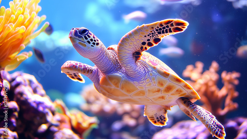 Obraz na płótnie Green Sea Turtle Swims Gracefully Near Vibrant Coral Reef Surrounded by Small Fish w salonie