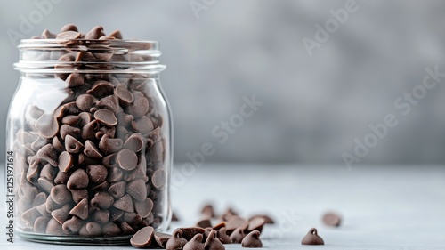 Jar filled with chocolate chips on light blue surface
