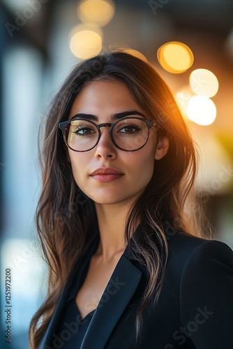 Self-confident female business woman, looking at the camera, posing in a modern Office space. Professional Portrait for Recruiting, Manager and Management, Lawyer or Consultant concepts photo