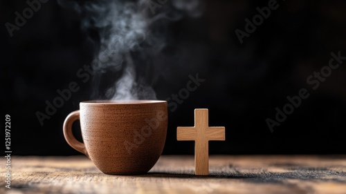 Steaming coffee cup and wooden cross on table