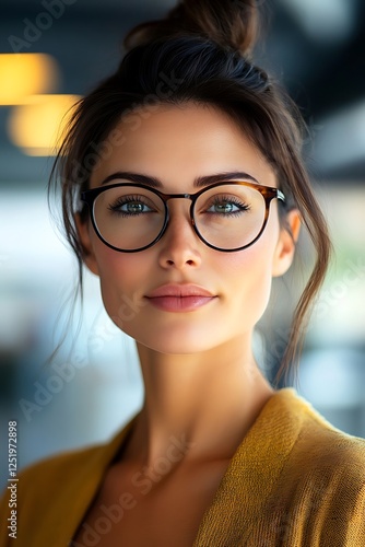 Self-confident female business woman, looking at the camera, posing in a modern Office space. Professional Portrait for Recruiting, Manager and Management, Lawyer or Consultant concepts photo