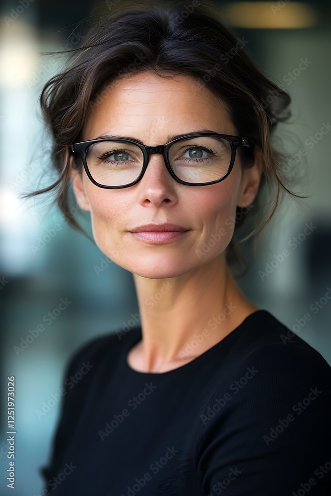 Fototapeta premium Self-confident female business woman, looking at the camera, posing in a modern Office space. Professional Portrait for Recruiting, Manager and Management, Lawyer or Consultant concepts