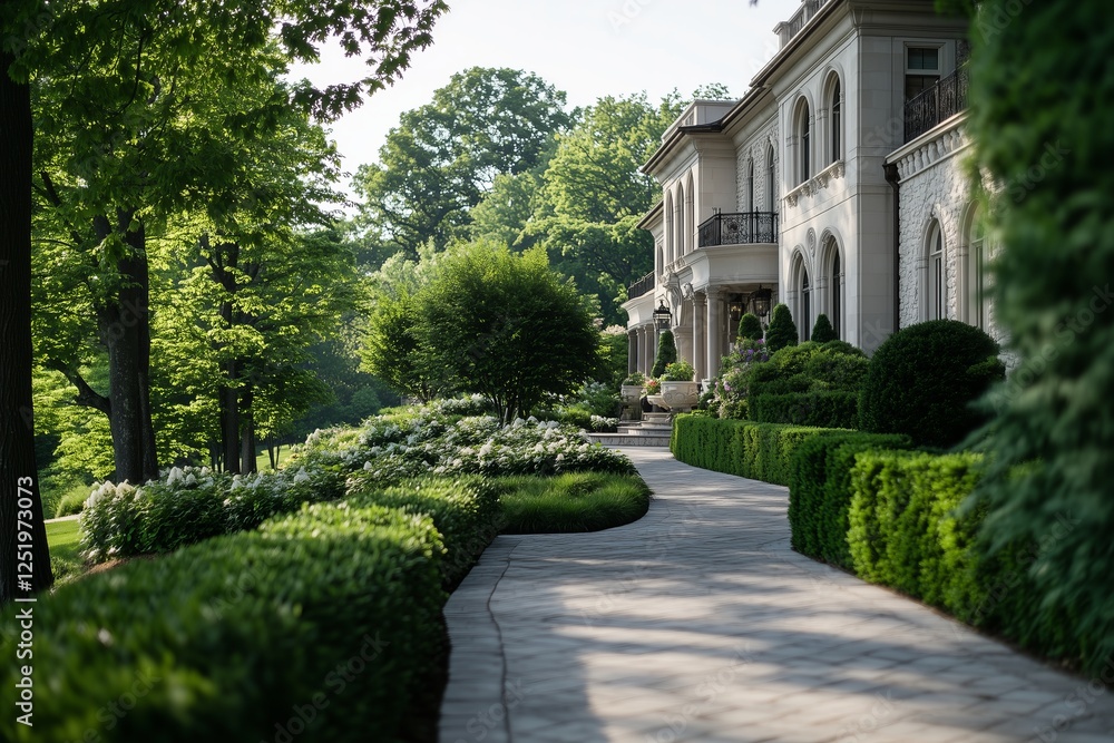 uxurious estate within a private gated community, featuring a grand entrance, lush landscaping, and an elegant stone facade under bright midday sunlight. uxurious estate within a private gated community, featuring a grand entrance, lush landscaping, and an elegant stone facade under bright midday sunlight.