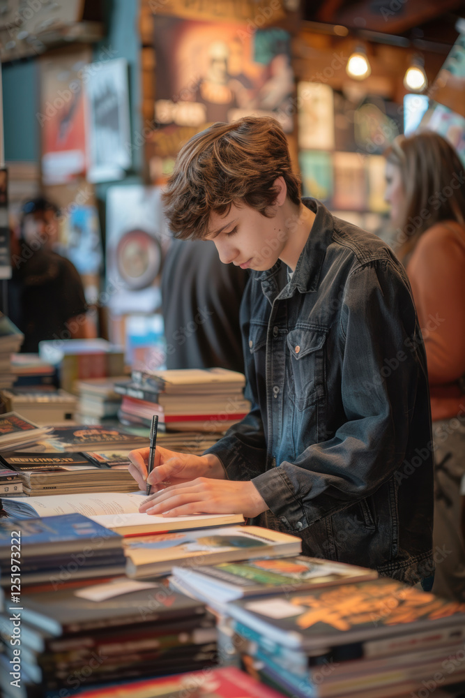 Fototapeta premium Young Author Engages Fans at Book Signing Event Amidst Literary Ambiance