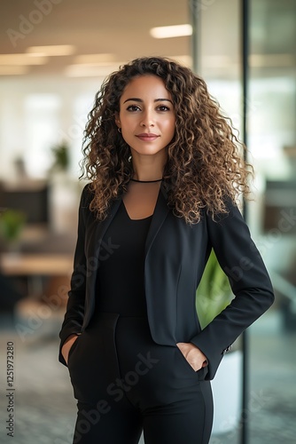 Self-confident female business woman, looking at the camera, posing in a modern Office space. Professional Portrait for Recruiting, Manager and Management, Lawyer or Consultant concepts photo