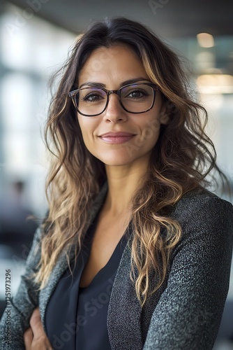 Self-confident female business woman, looking at the camera, posing in a modern Office space. Professional Portrait for Recruiting, Manager and Management, Lawyer or Consultant concepts photo