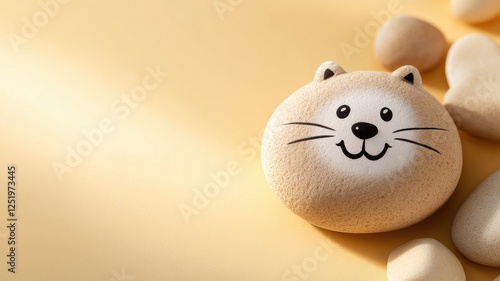 Painted stone with cute cat face on smooth pebbles background