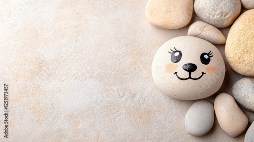 Smiling face painted on pebble, surrounded by stones