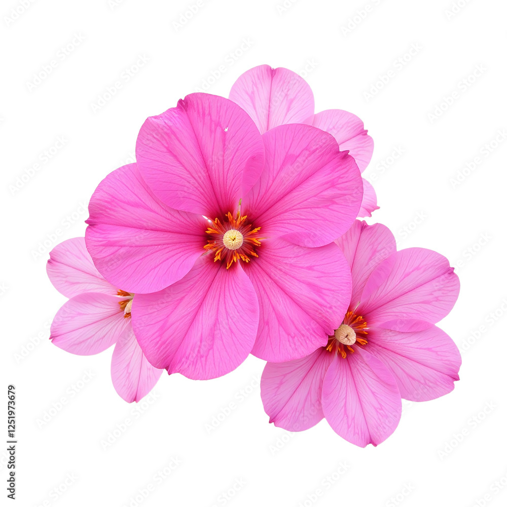 Close-up image of three vibrant pink flowers against a cut out background. Close-up image of three vibrant pink flowers against a cut out background.