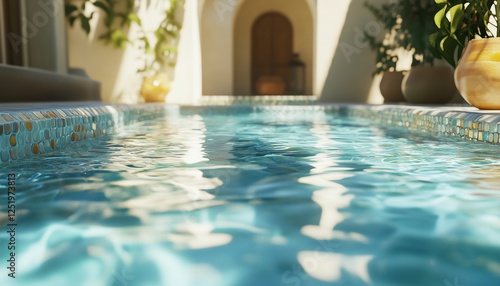 Wallpaper Mural Idyllic Poolside Oasis: Sunlight Highlights A Tranquil Outdoor Pool With Sparkling, Azure Water While Shadows And Tiles Set A Serene Summer Vibe Perfect For Unwinding. Torontodigital.ca