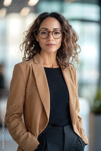 Self-confident female business woman, looking at the camera, posing in a modern Office space. Professional Portrait for Recruiting, Manager and Management, Lawyer or Consultant concepts photo