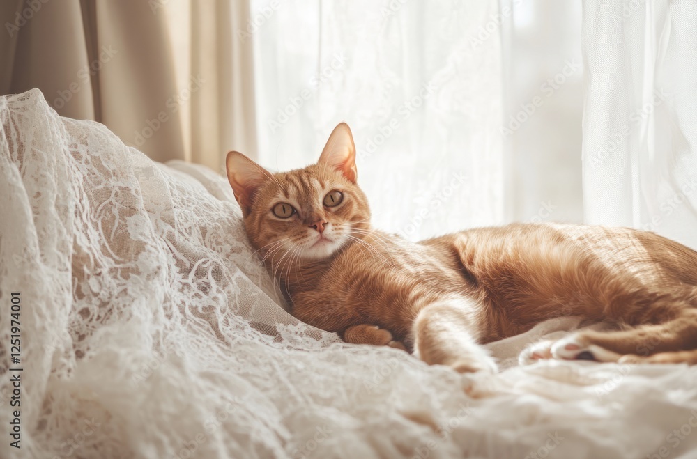 Obraz premium Ginger Cat Resting on Lacy White Bedding Near Window