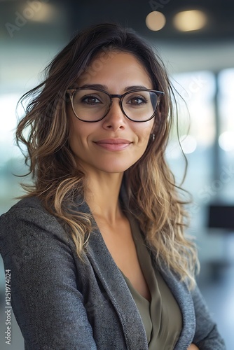 Self-confident female business woman, looking at the camera, posing in a modern Office space. Professional Portrait for Recruiting, Manager and Management, Lawyer or Consultant concepts photo