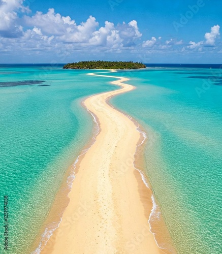 tropical landscape featuring a winding sandbar stretching across crystal-clear turquoise waters.There is one island in background, covered with dense palm trees.