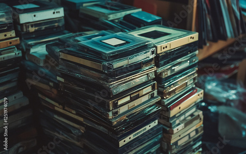 Stack of Vintage Cassette Tapes with Worn Labels, Representing Nostalgia, Retro Music Culture, and Analog Sound Recording photo