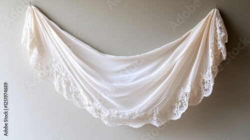 Elegantly draped white lace fabric hanging on wall